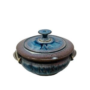 Vintage Handmade Studio Art Pottery Dish with Lid Heavy Baking Casserole Glazed